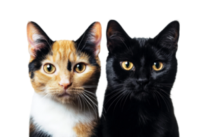 Two cats are looking at the camera on a black background png
