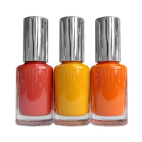 Three bottles of nail polish with orange, yellow and red png