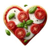 A heart shaped pizza with tomatoes and basil png