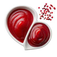 Two heart shaped bowls of red sauce with red pepper png