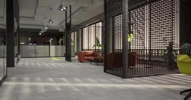 CGI Modern office interior with open space and stylish seating arrangements video