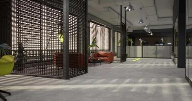 CGI Modern office interior design featuring cozy seating and open spaces video