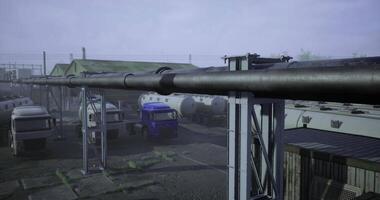 CGI Industrial setting with elevated pipeline and cargo vehicles at work site video