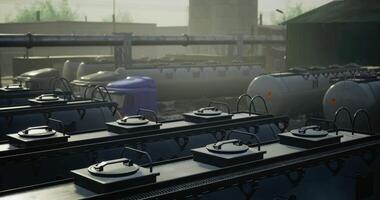 CGI Industrial storage tanks in a foggy yard during early morning hours video