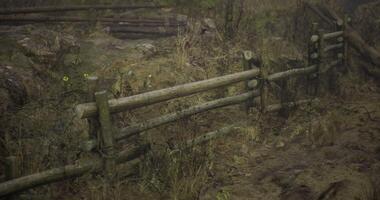 CGI Rustic wooden fence in a serene landscape with overgrown vegetation video