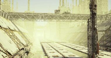 CGI Industrial landscape with elevated pathways and machinery under hazy conditions video
