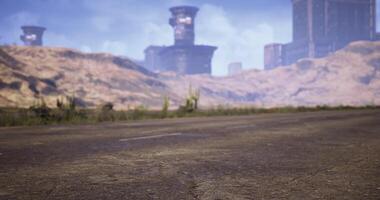 CGI Distant ruins peeking through arid landscape with mountains in the background video