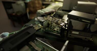 CGI Old electronics and circuit boards scattered on a workbench in a workshop video