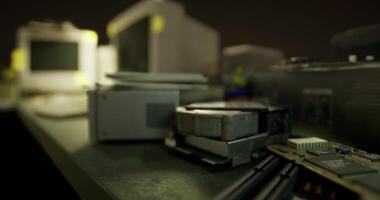 CGI Old electronics and computer parts arranged on a desk in a dim setting video
