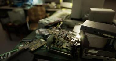 CGI Disassembled electronic components on a cluttered workbench in a workshop video