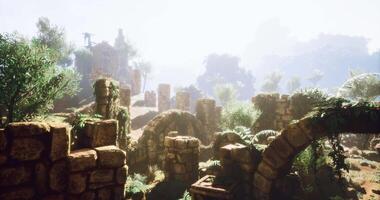CGI Exploring overgrown ruins with ancient stones and lush vegetation in daylight video