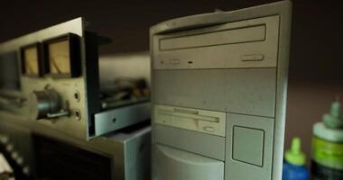 CGI Vintage audio equipment and computer setup in a retro workspace video