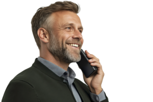 A man with a beard and a suit is talking on a cell phone png