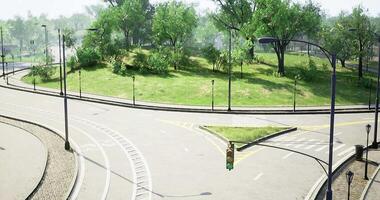 CGI Traffic roundabout surrounded by greenery in a city park setting during daytime video