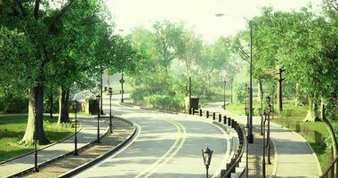 CGI Scenic pathway through lush green park with winding road and trees video