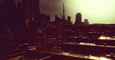 CGI Evening skyline view of an urban landscape under dramatic lighting video
