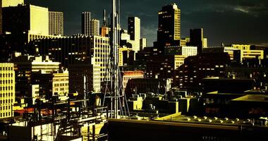 CGI Urban skyline with towering buildings and energy infrastructure at dusk video