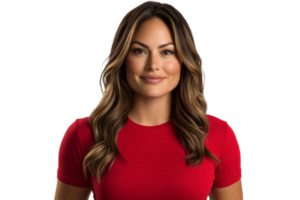 A woman in a red shirt is posing for a photo png