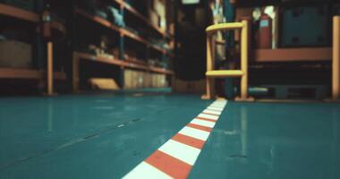 CGI Warehouse interior with colorful flooring and stored items visible on shelves video