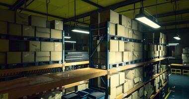 CGI Dimly lit warehouse with shelves and storage boxes at midday video