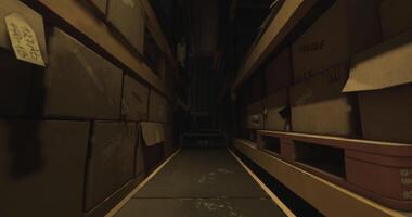 CGI Mysterious corridor in a dark storage facility with stacked boxes and shadows video