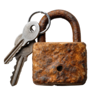 A rusty padlock with two keys on a black background png