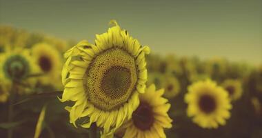 CGI Sunflowers blooming in a field during golden hour near a rural location video