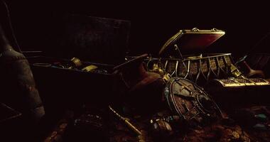 CGI Ancient treasure chest filled with gold, coins, and artifacts in dark setting video
