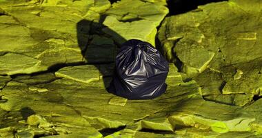 CGI Black trash bag resting on rocky green surface in natural setting video