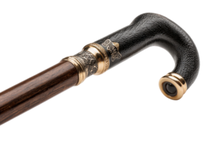 A walking cane with a gold handle and black leather png