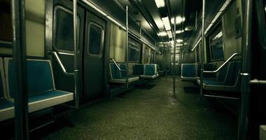 CGI Mysterious empty subway train interior with blue seats and dim lighting video