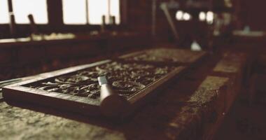 CGI Intricate wood carving process captured in a workshop during twilight hours video