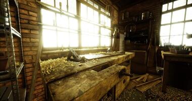 CGI Workshop filled with sunlight and wood shavings at golden hour video