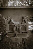 Rusty construction equipment resting in a forest setting under dappled sunlight during a warm autumn afternoon photo