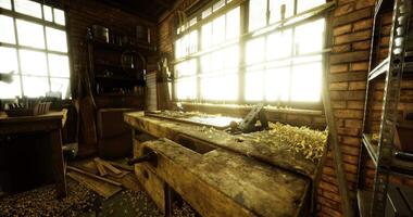 CGI Workshop interior with sunlight illuminating workbench and tools in detail video