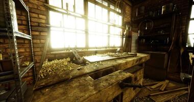 CGI Workshop with sunlight illuminating tools and wooden bench at dusk video