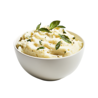 Bowl of creamy mashed potatoes with basil garnish isolated on transparent background png
