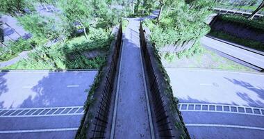 CGI Elevated view of a peaceful green walkway surrounded by trees and roads video