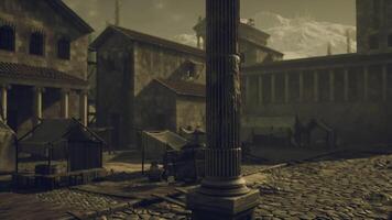 CGI Ancient marketplace with stone structures and distant mountains in sunlight video