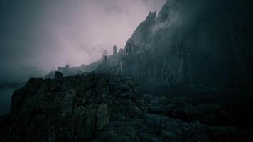 CGI Mysterious ruins on a foggy coast at dusk evoking an eerie atmosphere video