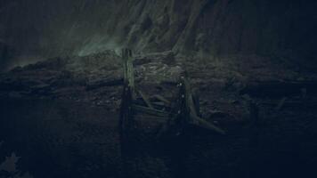 CGI Weathered shipwreck rests on desolate shoreline in twilight hour video