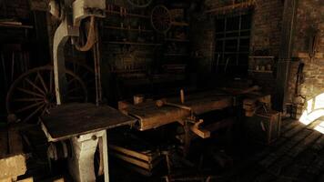 CGI Workshop filled with tools and wooden benches illuminated by sunlight video