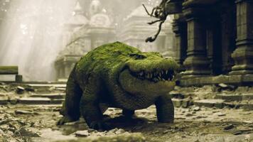 CGI Large crocodile exploring ancient ruins in a misty jungle environment video