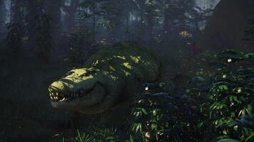 CGI Crocodile resting among dense foliage in a mysterious forest environment video