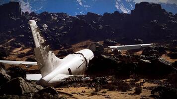 CGI Plane rests in rocky terrain after crash in remote wilderness area video