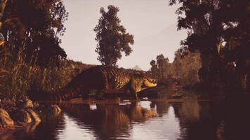 CGI Crocodile exploring the calm waters at dusk near a lush riverbank video