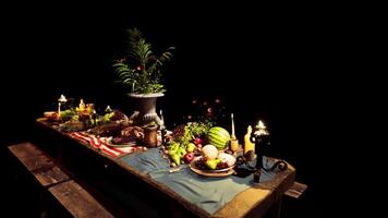 CGI An elegantly set table with assorted foods and drinks for gathering video