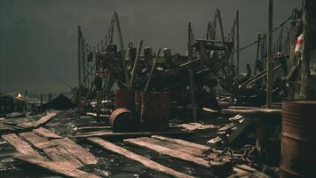 CGI Fishing dock at dusk with wooden structures and barrels reflecting on water video