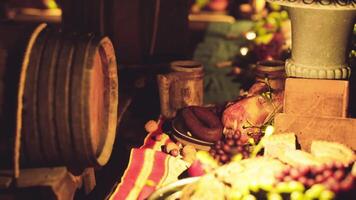 CGI A rich and diverse assortment of food and drinks on an elegant table setting video