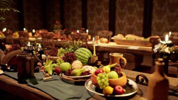 CGI A lavish feast featuring an abundance of food and drinks on a long table video